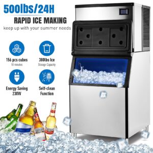 Commercial Ice Maker Machine 500LBS/24H, Stainless Steel 380LBS Large Storage Bin, 14x13 Ice Cube, for Restaurant/Bar/Business