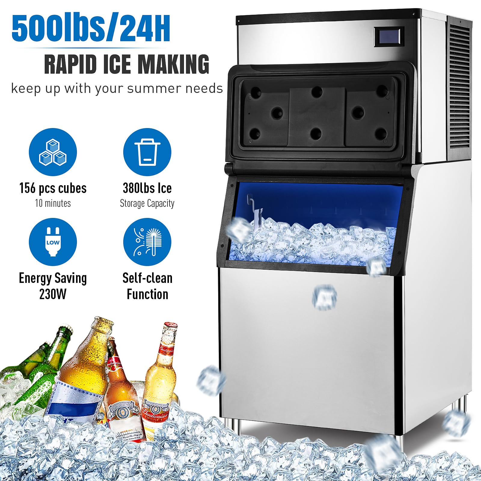 Commercial Ice Maker Machine 500LBS/24H, Stainless Steel 380LBS Large Storage Bin, 14x13 Ice Cube, for Restaurant/Bar/Business