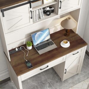 Vabches Farmhouse 47" Desk, Executive I-Shape with 3 Drawers, Storage Cabinet, Hutch, Charging Hub for Home Office