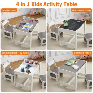 Kids Table and Chair Set, 3 in 1 Children Activity Table w/Storage, Removable Tabletop, Blackboard, 3-Piece Toddler Furniture Set for Art, Crafts, Drawing, Reading, Playroom (Grey)