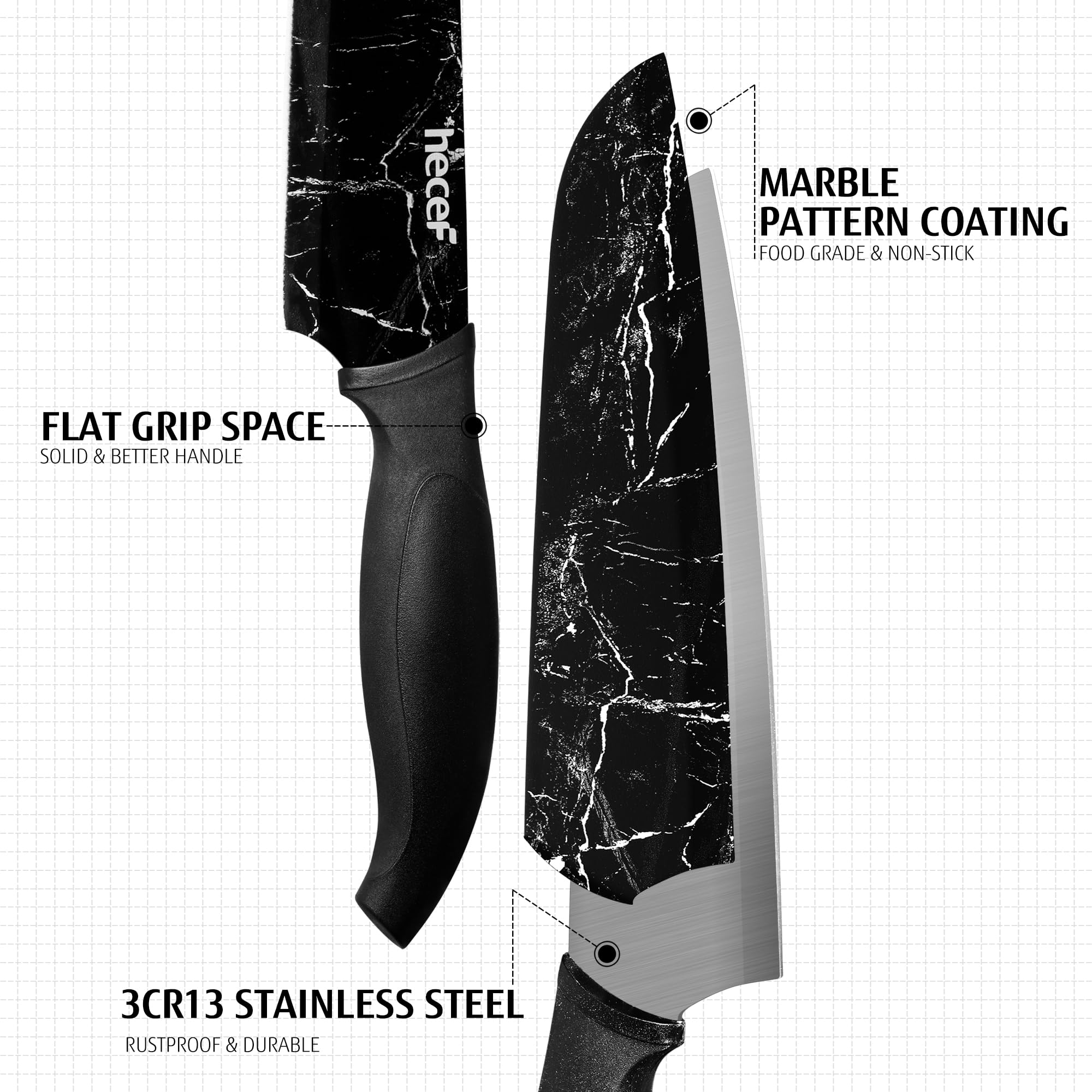 hecef Kitchen Knife Set of 5, Sharp Stainless Steel wtih Black Marble Pattern, Professional Cooking Knives Set Including Paring, Utility, Bread, Carving, Santoku & Chef Knife