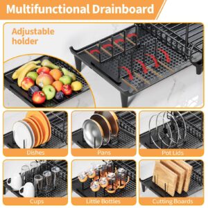 Urackify Dish Drying Rack, Expandable Dish Rack for Kitchen Countertop, Large Extendable Dish Drainer with Pan & Pot Holder, Foldable Multifunctional Dish Strainer with Cup & Utensil Holder, Black