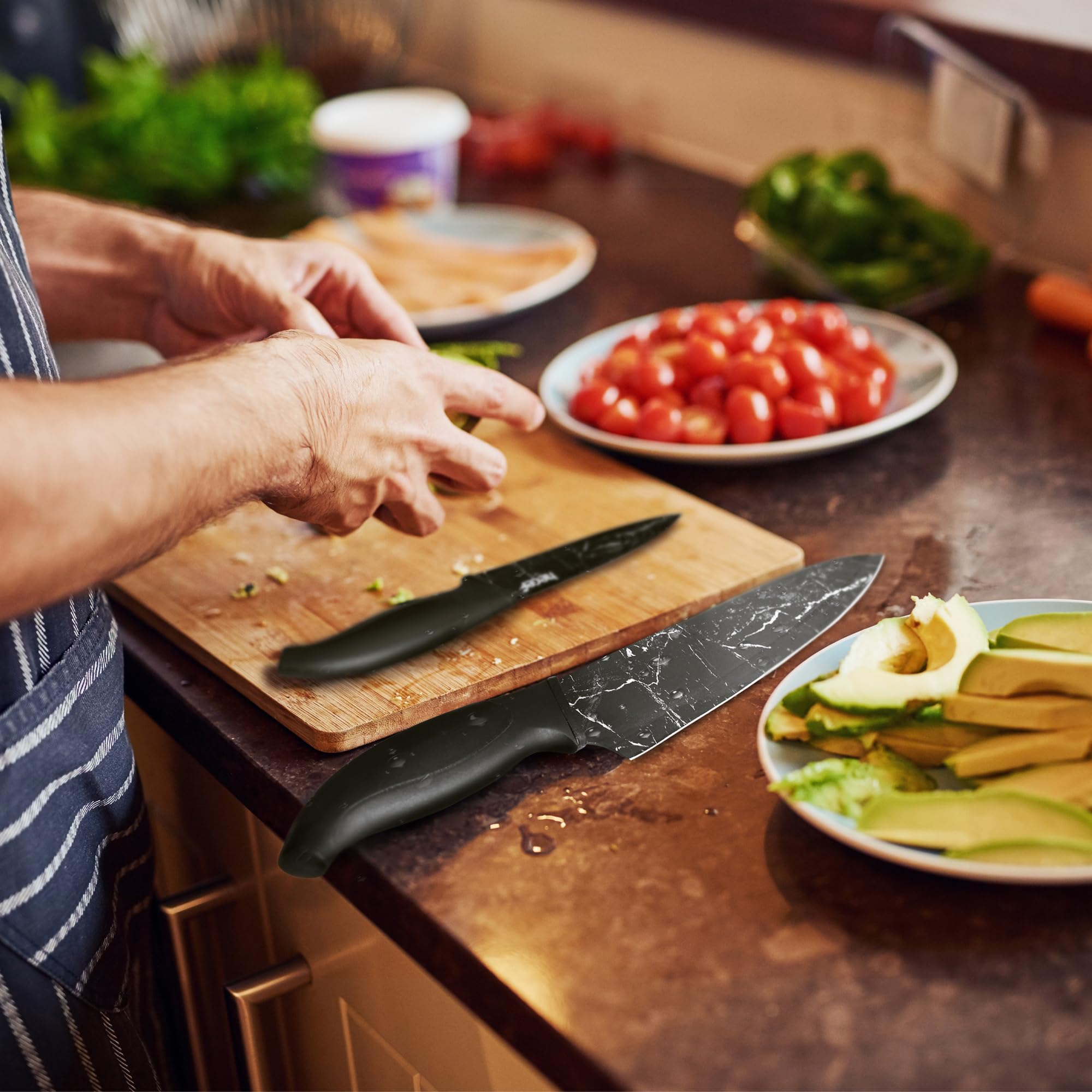 hecef Kitchen Knife Set of 5, Sharp Stainless Steel wtih Black Marble Pattern, Professional Cooking Knives Set Including Paring, Utility, Bread, Carving, Santoku & Chef Knife