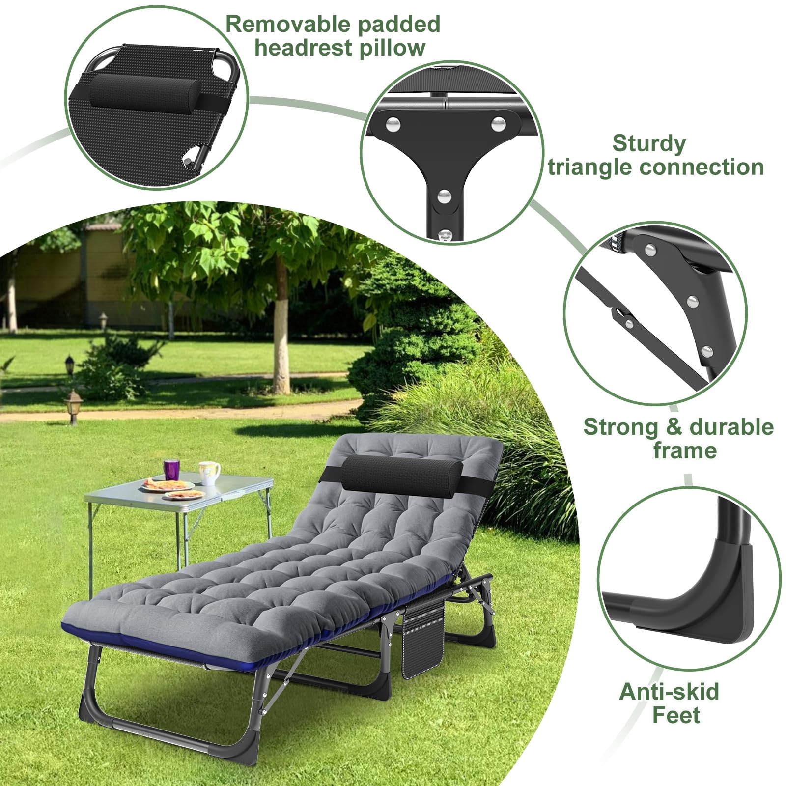 Barbella Folding Lounge Chair 5-Position, Folding Cot, Portable Outdoor Folding Chaise Lounge Chair for Sun Tanning, Perfect for Pool Beach Patio Sunbathing, Onesize, Dark Gray