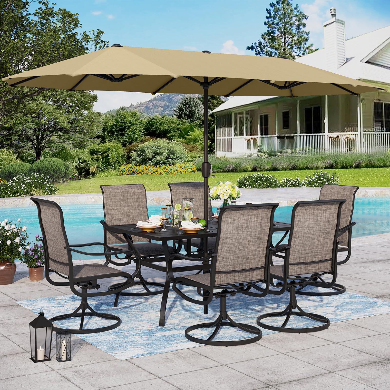 Sophia & William Patio Set with Umbrella 8 Pieces Outdoor Dining Set for 6 with 13ft Double-Sided Patio Umbrella Beige, 6 x Swivel Patio Chairs, 1 Metal Table for Lawn Garden