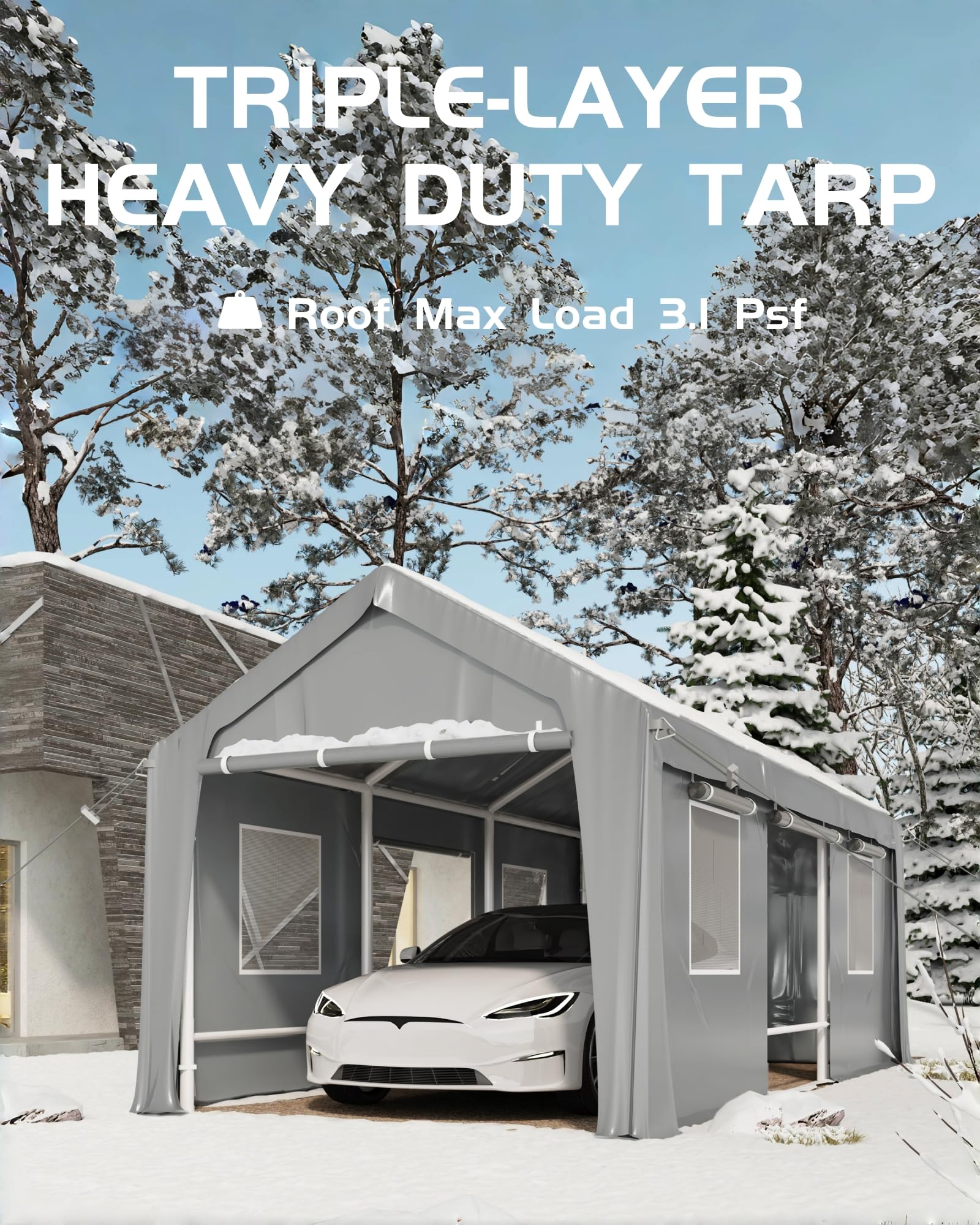 DEXSO 10'x20' Carport Windproof, Anti-High Wind Portable Garage, Reinforced Frames & 180 g PE Carport Canopy, with Front & Rear Doors, Shelter for Pickup, Boat, and Equipment, Silver Gray