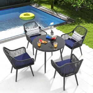 patiorama 5-piece patio dining set, outdoor dining table chair set, all-weather twisted rattan wicker rope conversation set, patio furniture set w/umbrella hole, 4 cushioned chairs&glass table(blue)