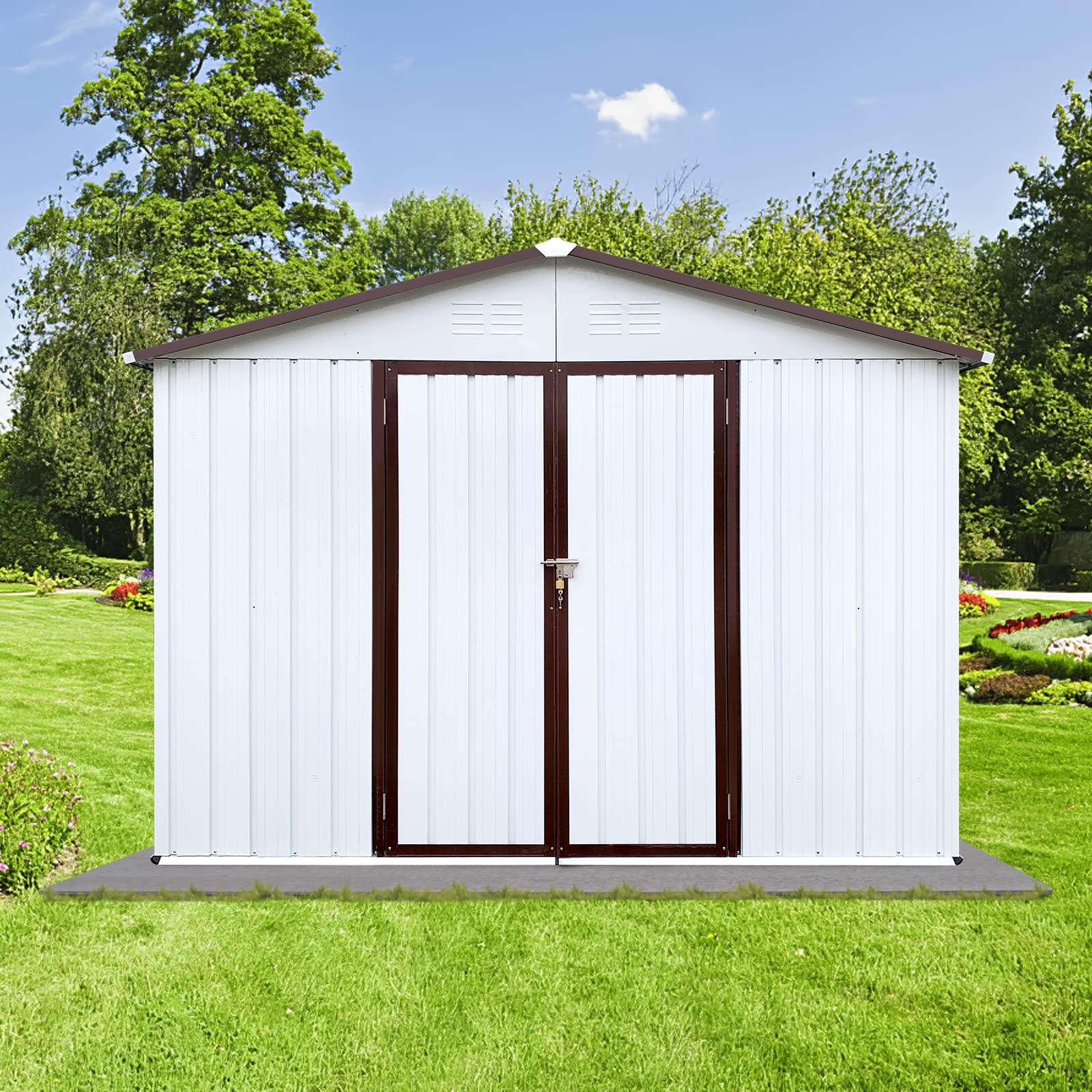 EMKK 8 x 10 ft Storage Shed Outdoor Backyard Garden Tool Shed with Hinged Door, Padlock, 2 Airy Vents, & Durable Steel for Garden, Backyard, Lawn