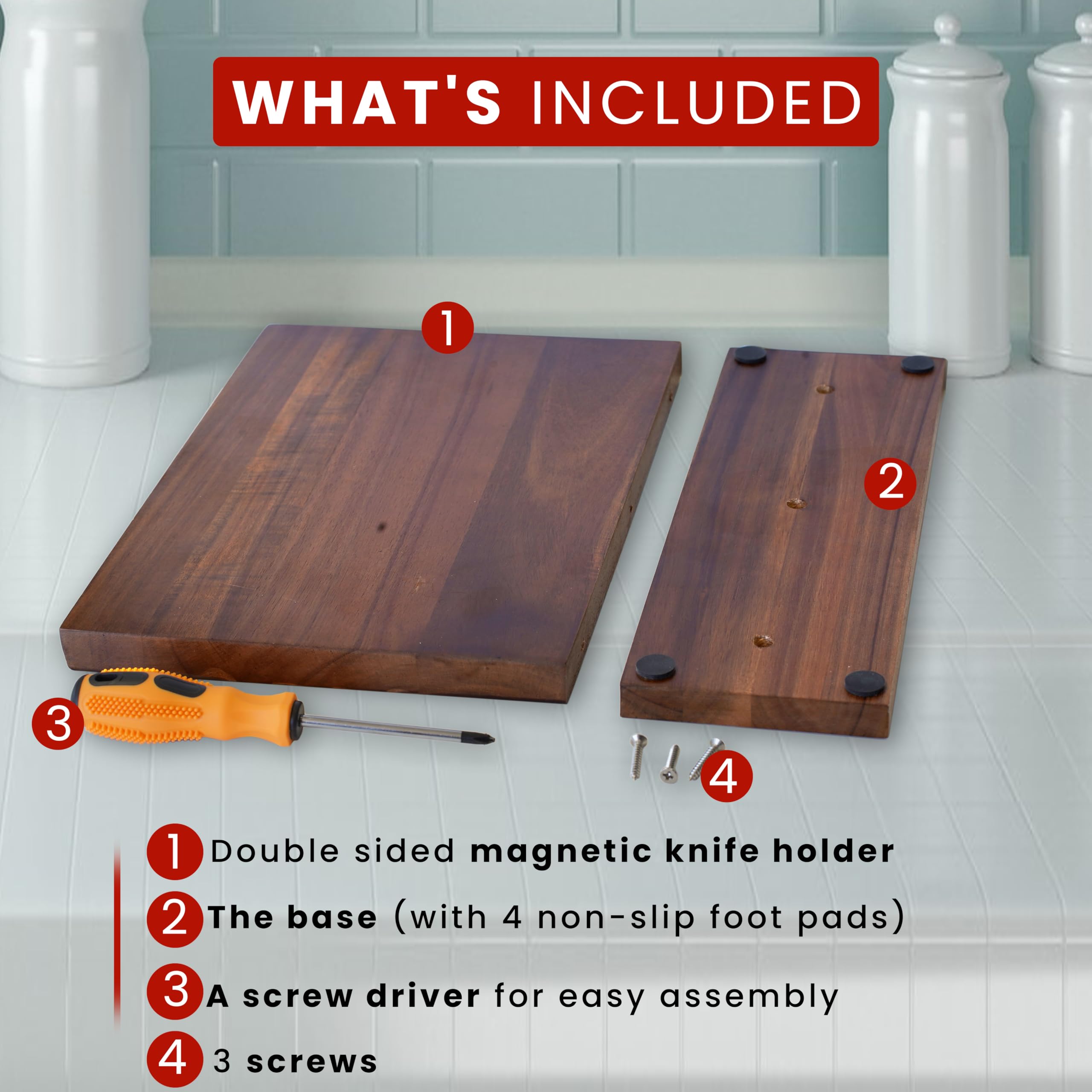 Wooden Magnetic Knife Holder 12 x 9" - Magnetic Knife Block without Knives - Kitchen Knife Holders for Counter top or Magnetic Knife Holder Stand - Double Sided Knife Magnet for Kitchen Knife Holder