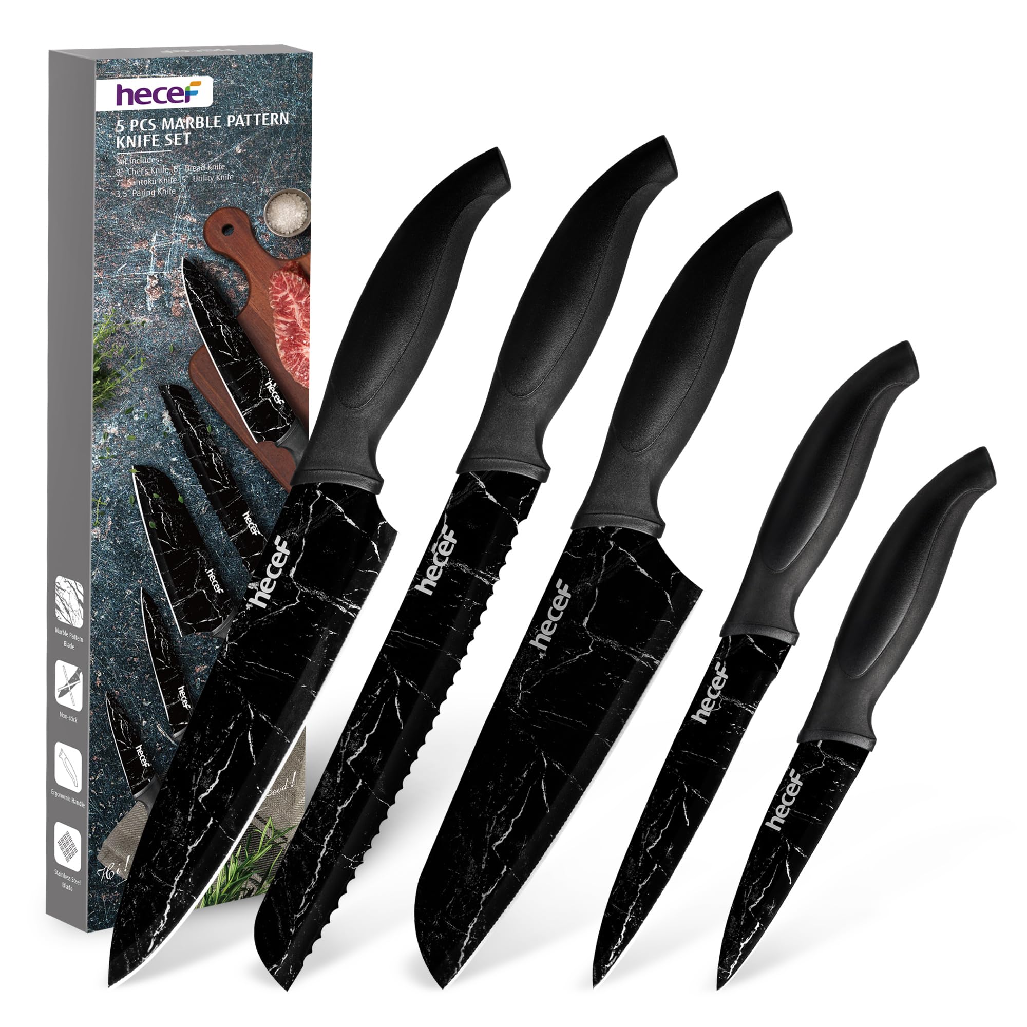 hecef Kitchen Knife Set of 5, Sharp Stainless Steel wtih Black Marble Pattern, Professional Cooking Knives Set Including Paring, Utility, Bread, Carving, Santoku & Chef Knife