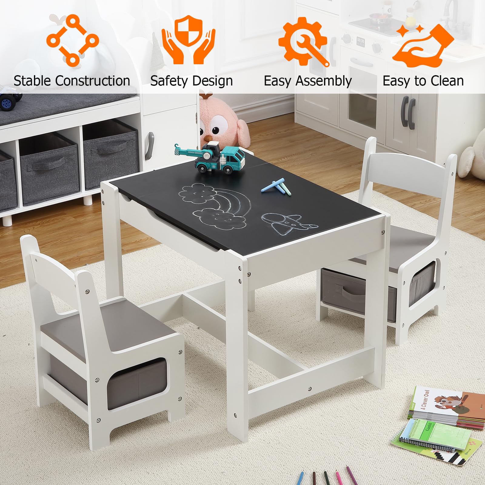 Kids Table and Chair Set, 3 in 1 Children Activity Table w/Storage, Removable Tabletop, Blackboard, 3-Piece Toddler Furniture Set for Art, Crafts, Drawing, Reading, Playroom (Grey)