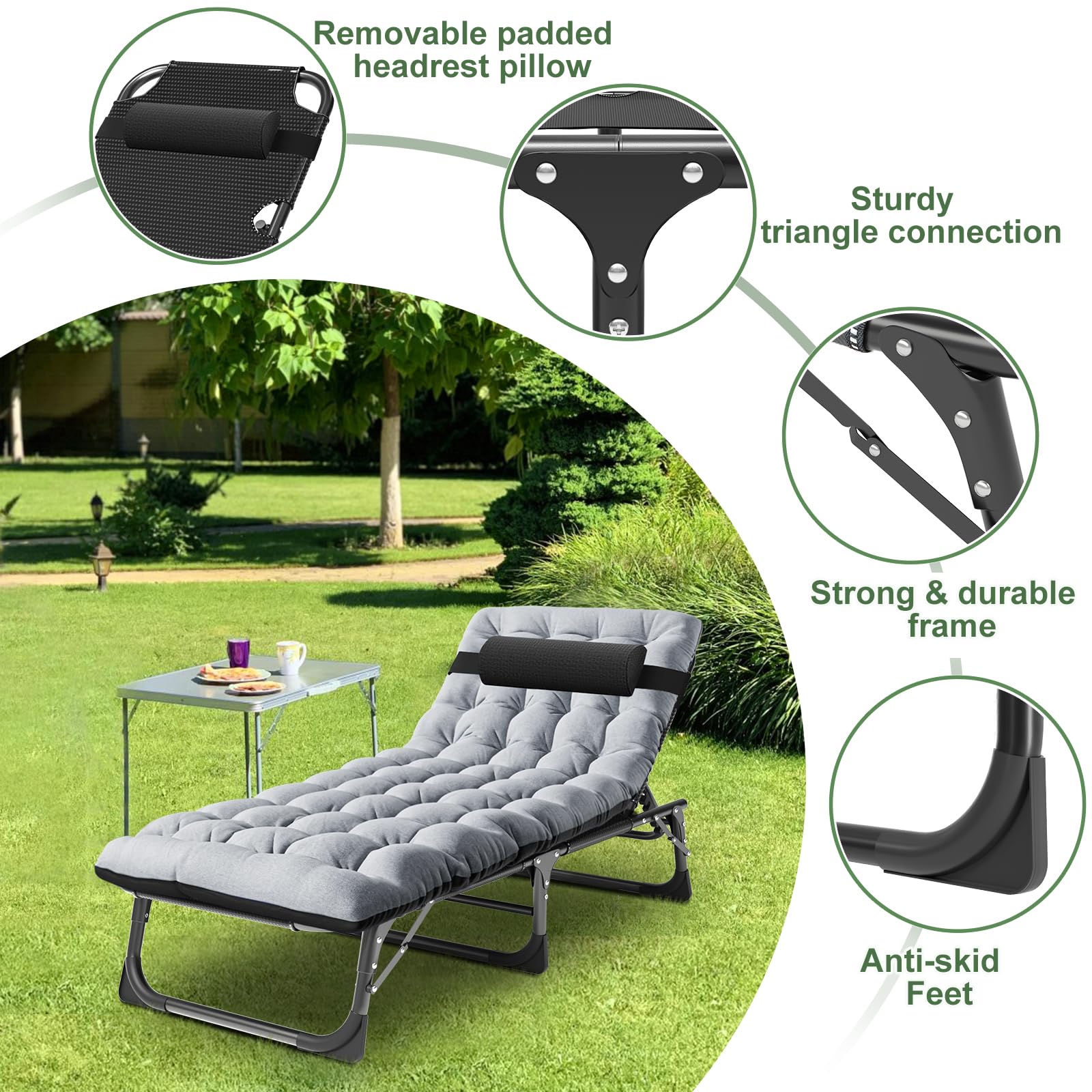 Barbella Folding Lounge Chair 5-Position, Folding Cot, Portable Outdoor Folding Chaise Lounge Chair for Sun Tanning, Perfect for Pool Beach Patio Sunbathing, Onesize, Cool Gray