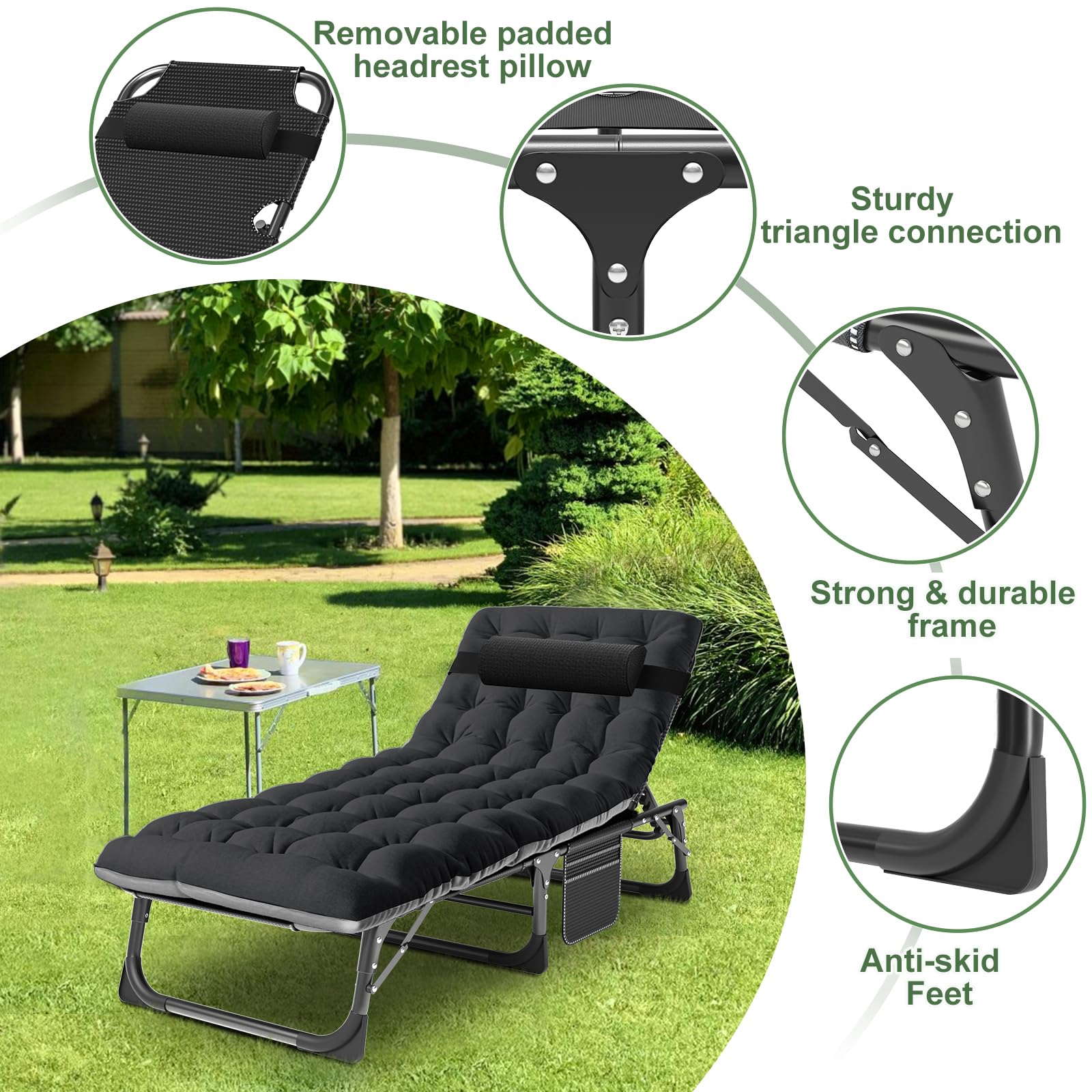 Barbella Folding Lounge Chair 5-Position, Folding Cot, Portable Outdoor Folding Chaise Lounge Chair for Sun Tanning, Perfect for Pool Beach Patio Sunbathing, Black