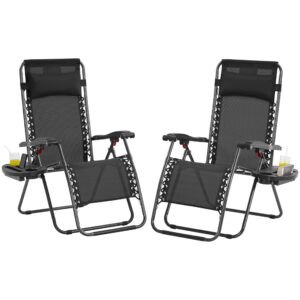 yaheetech zero gravity recliners outdoor adjustable folding reclining lounge chairs w/pillows, cup holder trays and carry strap for patio backyard beach black set of 2