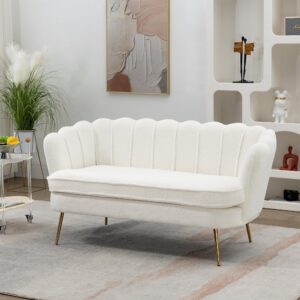 Sofa Couch 59" Elegant Curved Loveseat with Vertical Tufting - Luxurious Boucle Fabric, Gold Metal Legs, Adjustable Glides - 300 lbs Capacity per Seat,Ivory