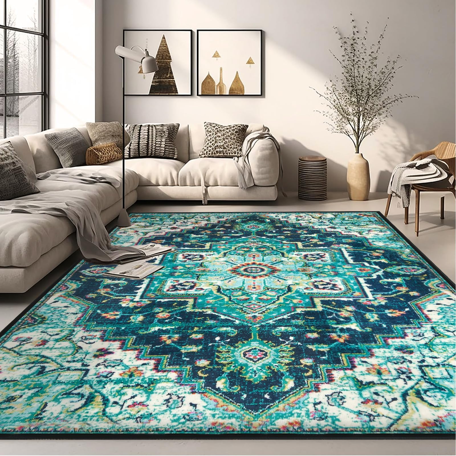 VFROO Area Rugs 5x7 Washable Living Room Rug,Vintage Soft Boho Area Rug,Non-Slip/Non-Shedding Print Floor Carpet for Dining Room,Bedroom-Green