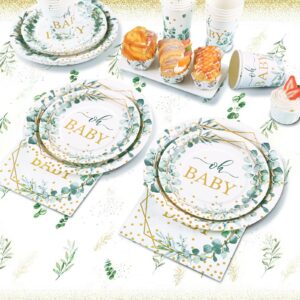 Gudvilla Sage Green Baby Shower Plates and Cups and Napkins Sets, with Sage Green Tablecloth, Baby Shower Decorations Neutral, Oh Baby Plates for Boho Baby Shower Decorations Sage Green, Serves 25