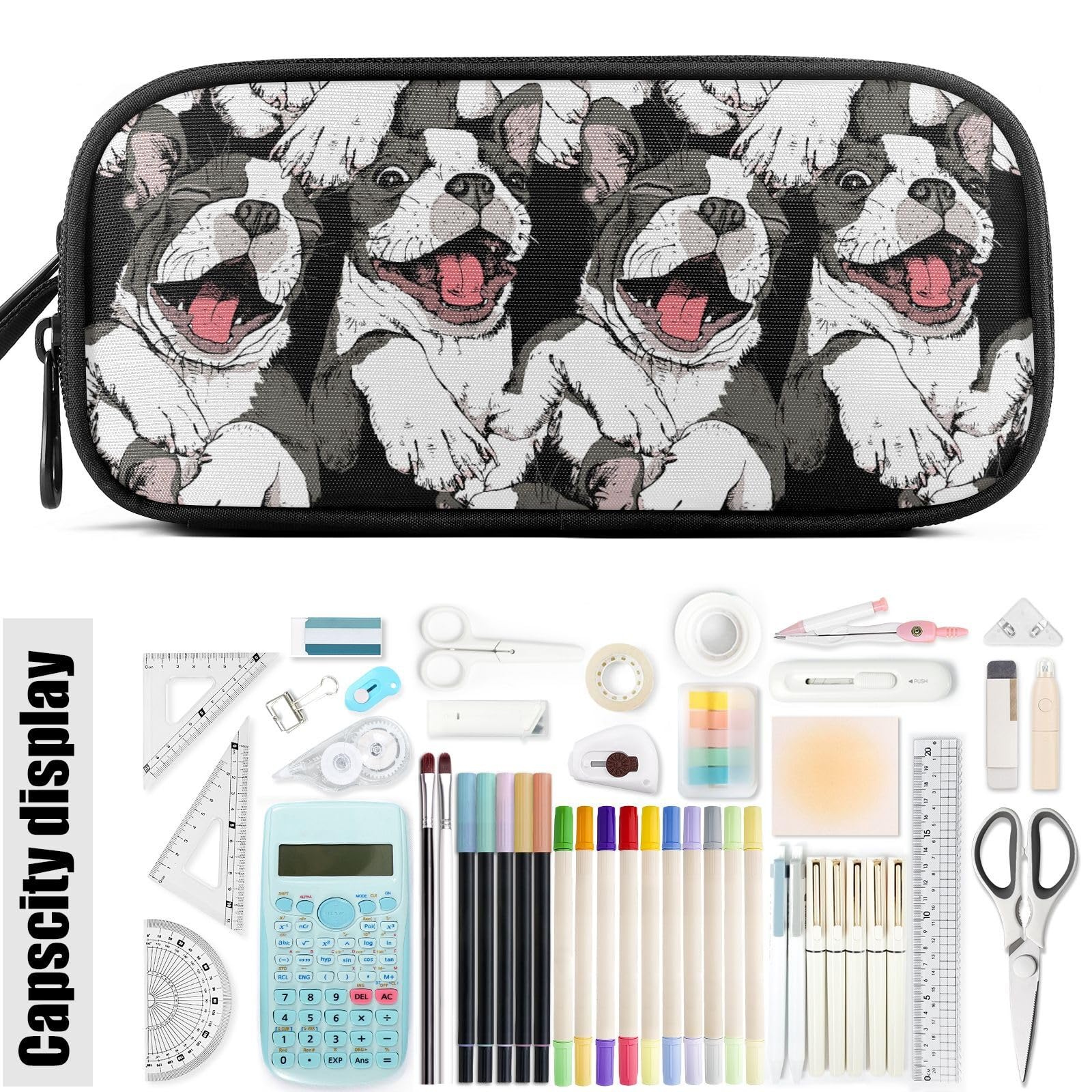 Fustylead Smiling Funny Boston Terrier Dog Pencil Pen Case with 3 Compartments, Lightweight & Spacious Stationery Bag Cosmetics Bag