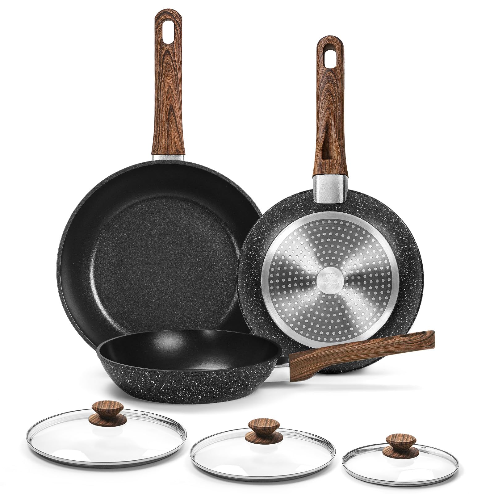 Frying Pan Set With Lids - Non Stick Frying Pans Set 3 Pcs, Nonstick Skillet Pans Set Egg Omelette Pan W/Lid, PFOA Free, Induction Non Toxic Cooking Black Pan Set