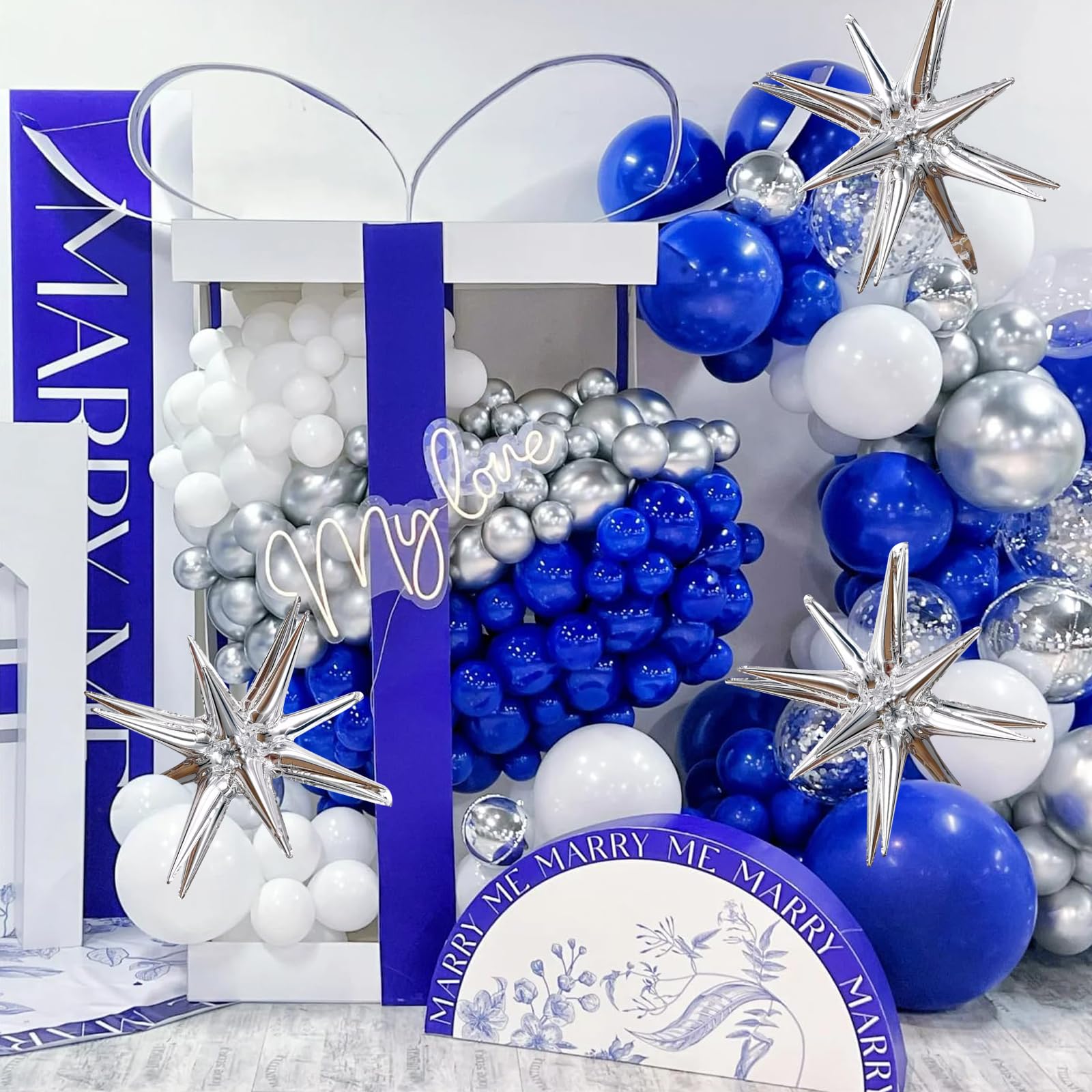 Blue and Silver Balloons Garland Arch Kit, 156 Pack Royal blue and White Silver Confetti Balloons 18" 12" 10" 5" with Starburst Foil Balloons For Birthday 2024 Graduation Party Decorations