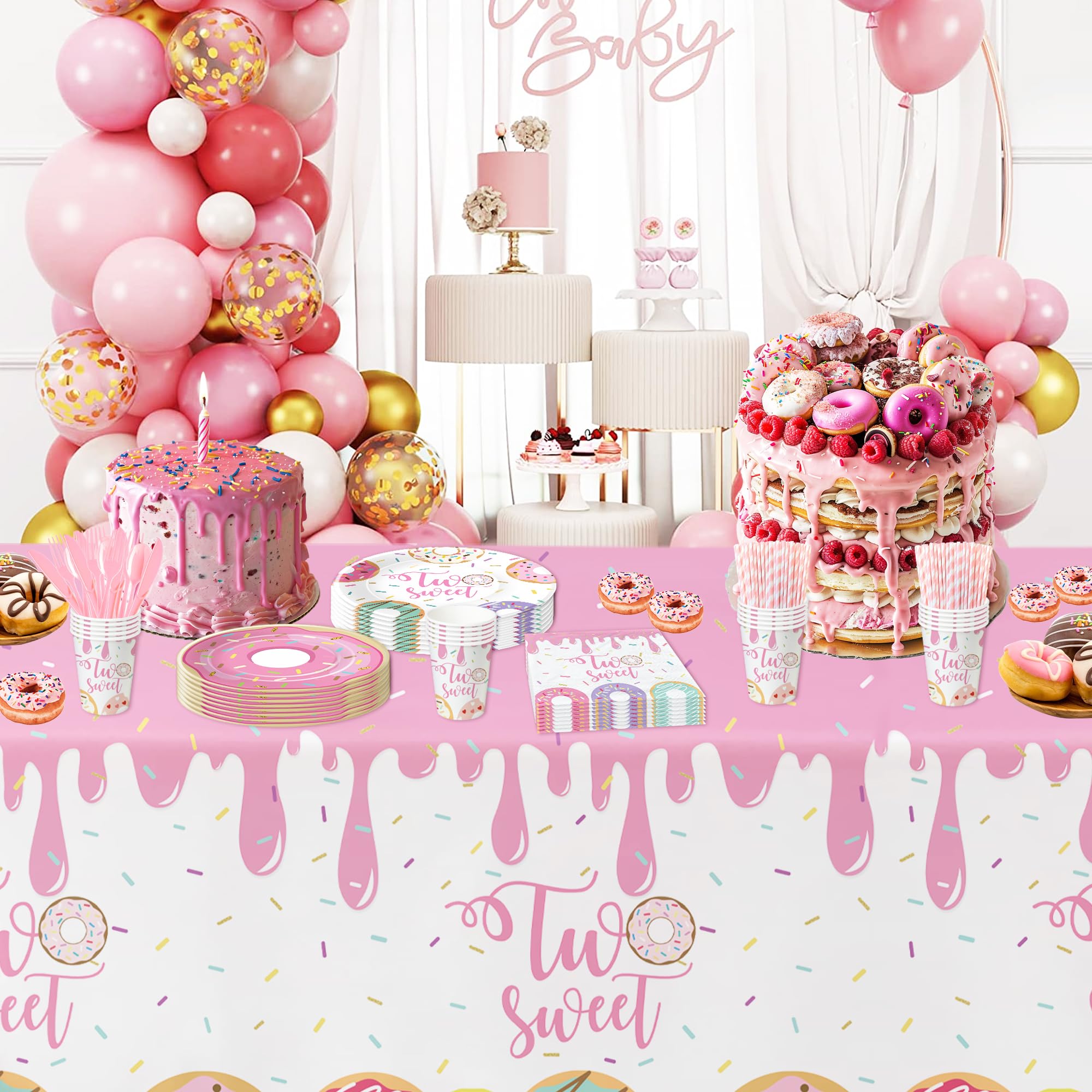 APOWBLS Donut Two Sweet Birthday Decorations Tablecloth Girl - Disposable Donut 2nd Birthday Party Supplies Table Cover, Pink Donut Two Year Old Birthday Table Cloth - 3Pack (54in x 108in)