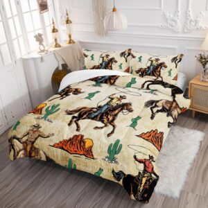 AILONEN Western Cowboy Comforter Set Twin Size, Rodeo Cowboy Riding Bull with Cacti Western Style Bedding Set for Girls Boys Girls,Ranch Jomon Bed in a Bag Duvet Set,1 Quilt and 2 Pillowcases,3PCS