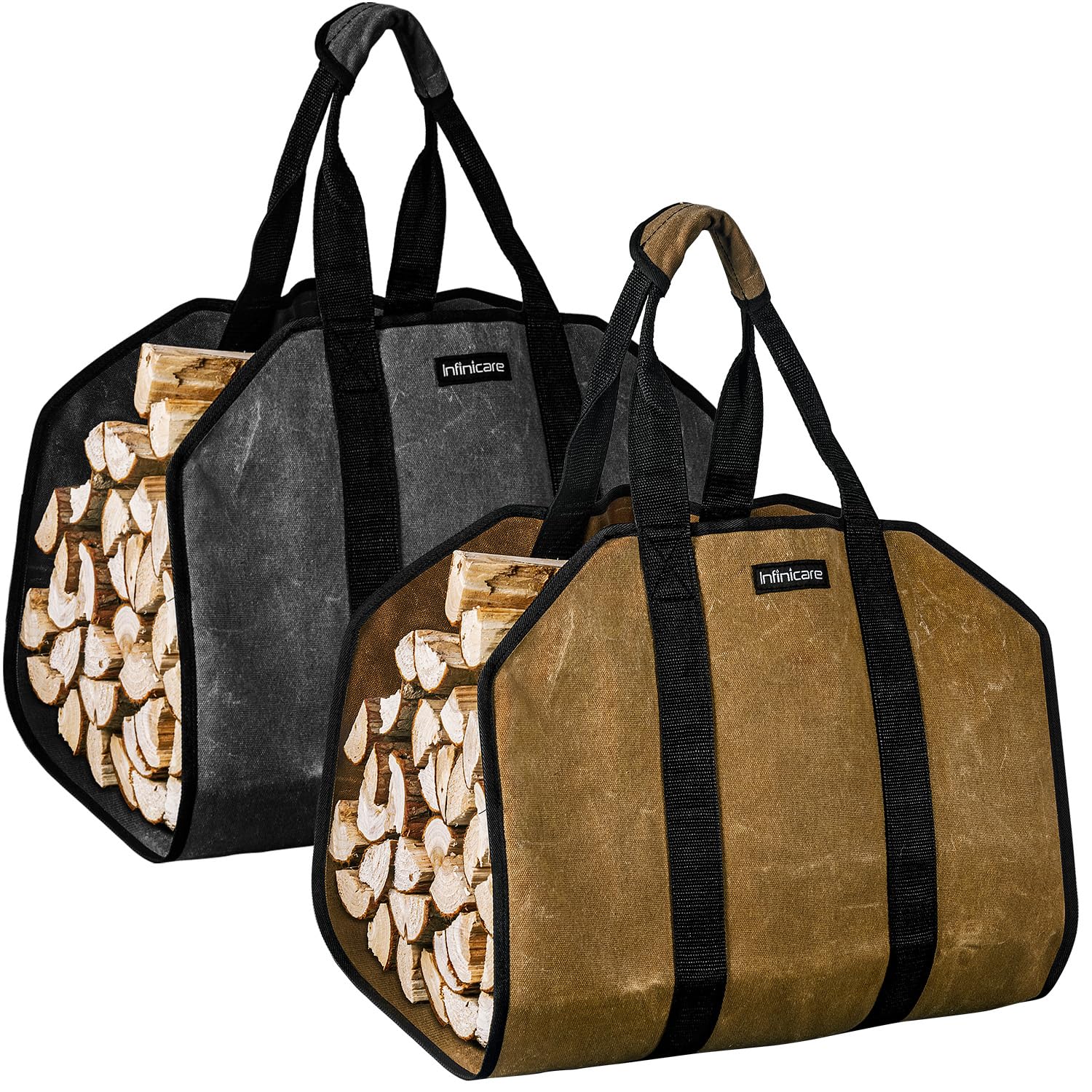 Infinicare Firewood Carrier with Handles - 2pcs Heavy Duty Canvas Firewood Bag with Handles | Durable Wood Carrier for Firewood | Suitable for Indoor Fireplace and Outdoor Camping - Brown & Black