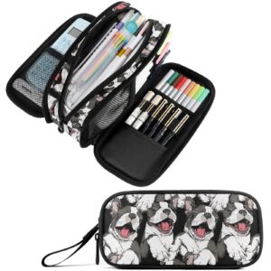 fustylead smiling funny boston terrier dog pencil pen case with 3 compartments, lightweight & spacious stationery bag cosmetics bag