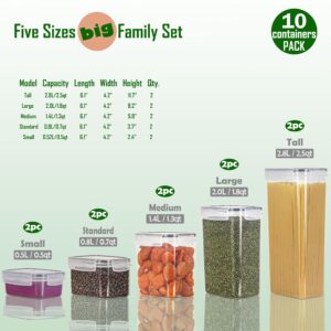 Airtight Food Storage Containers with Lids Set 10 Pack, Clear Plastic Pantry & Kitchen Organizers and Storage for Cereal Flour Pasta Snacks Sugar & Dry Food, BPA Free, with multiple Labels & Spoons