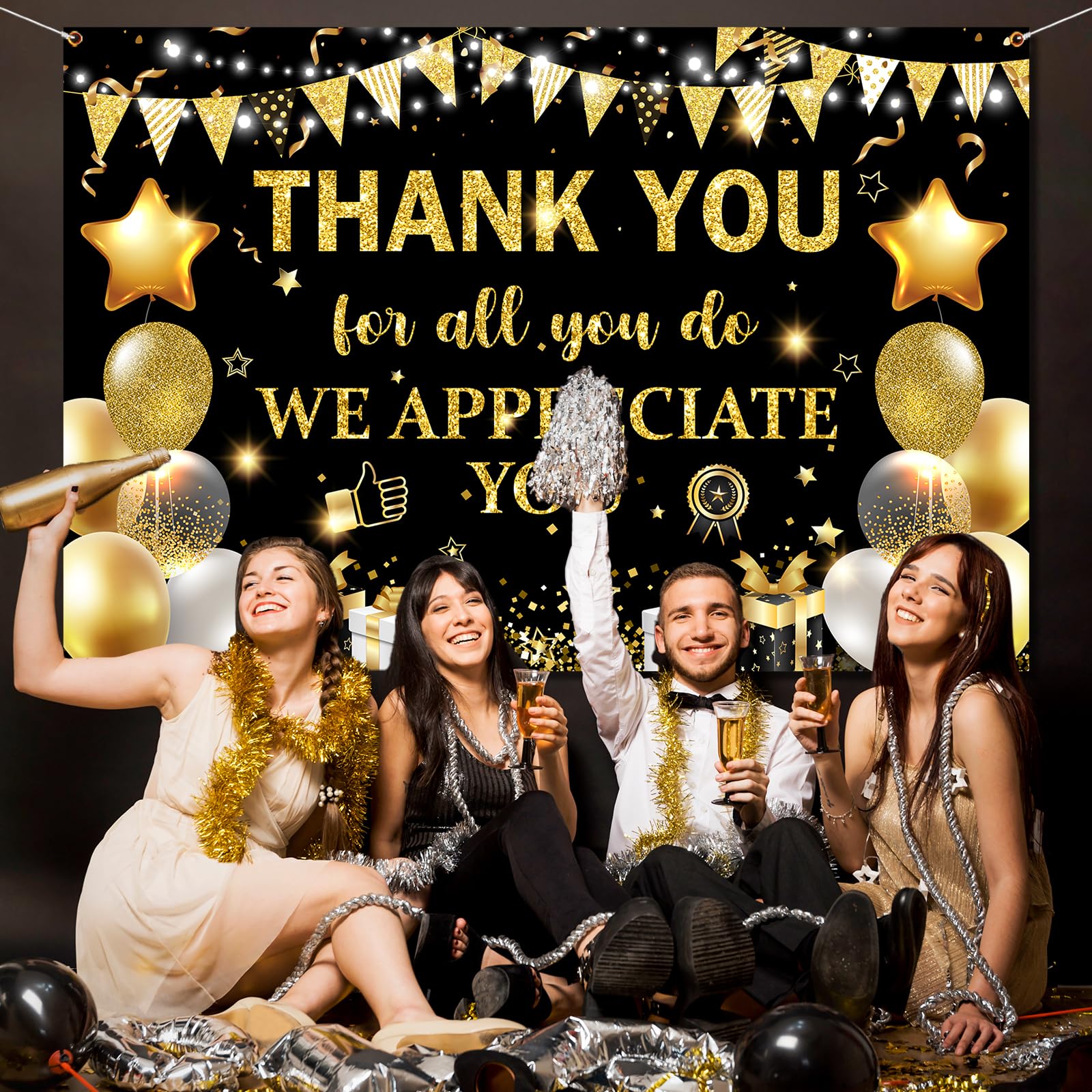 Thank You for All You Do Backdrop We Appreciate You Banner,Black Gold Appreciate Party Decoration Employee Staff Teachers Doctors Retirement Photo Backdrop for Thanks Party Supplies