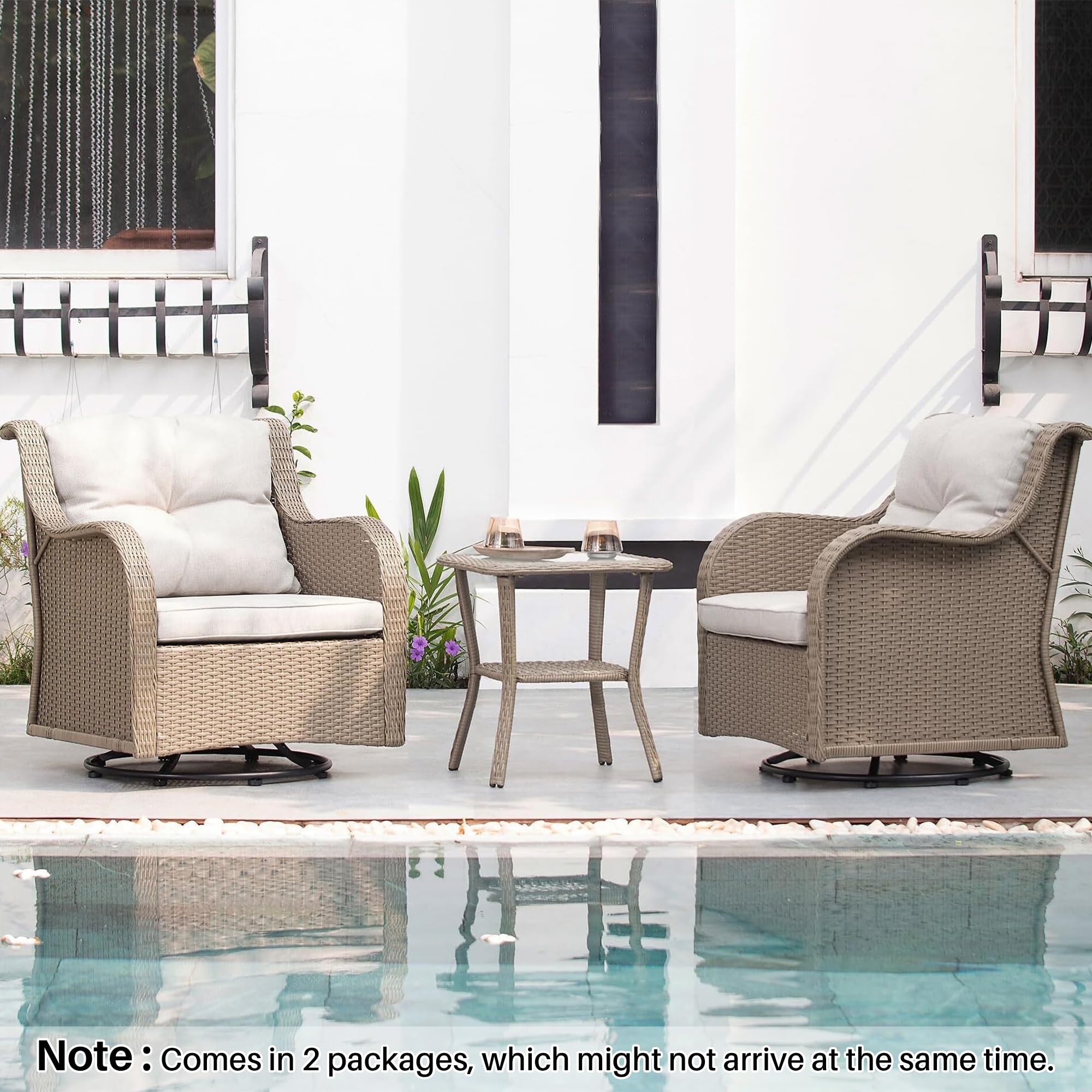 J.M.Deco Outdoor Swivel Rocker Patio Chairs Set of 2 and Matching Side Table - 3 Piece Wicker Patio Bistro Set with Premium & Soft Fabric Cushions for Porch, Backyard, Balcony (Light Brown)