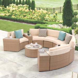 sunsitt outdoor sectional set 11-piece half moon patio furniture natural color wicker sofa creamy white cushions with 4 side table and 4 pillows