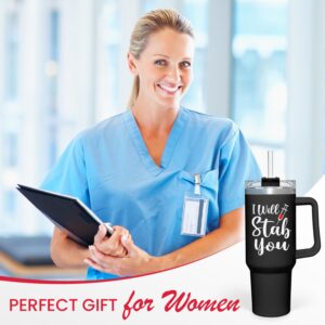 SANDJEST Nurse Gifts I Will Stab You Tumbler with Handle 40oz Stainless Steel Insulated Coffe Cup Funny Nurse Week Gifts, Nursing School Graduation, Appreciation Gifts for RN Nurses