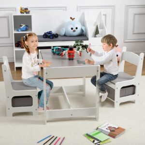 Kids Table and Chair Set, 3 in 1 Children Activity Table w/Storage, Removable Tabletop, Blackboard, 3-Piece Toddler Furniture Set for Art, Crafts, Drawing, Reading, Playroom (Grey)