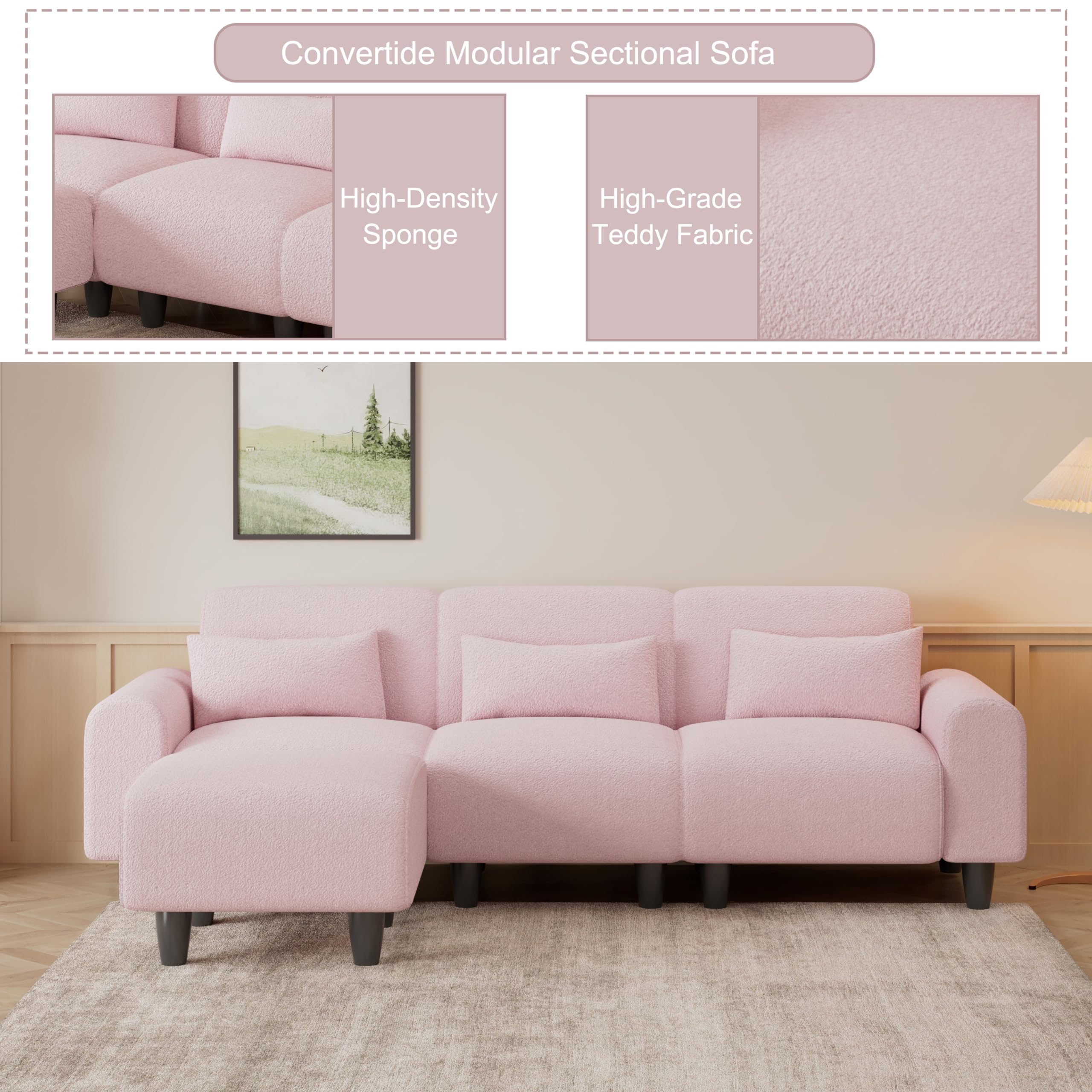 FREESNOOZE 84.6 inch Modern Teddy Sectional Sofa L-Shaped Couch with 3 Waist Pillows for Small Apartment, Bedroom, Spaces(Pink)