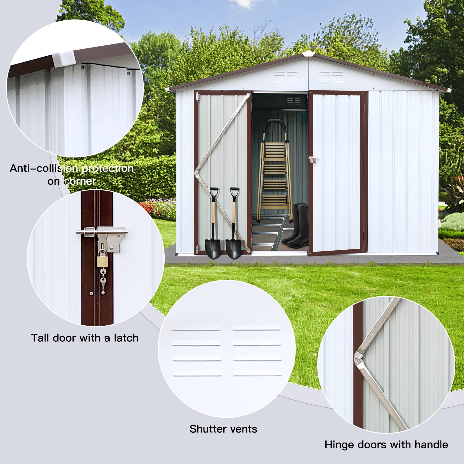 EMKK 8 x 10 ft Storage Shed Outdoor Backyard Garden Tool Shed with Hinged Door, Padlock, 2 Airy Vents, & Durable Steel for Garden, Backyard, Lawn