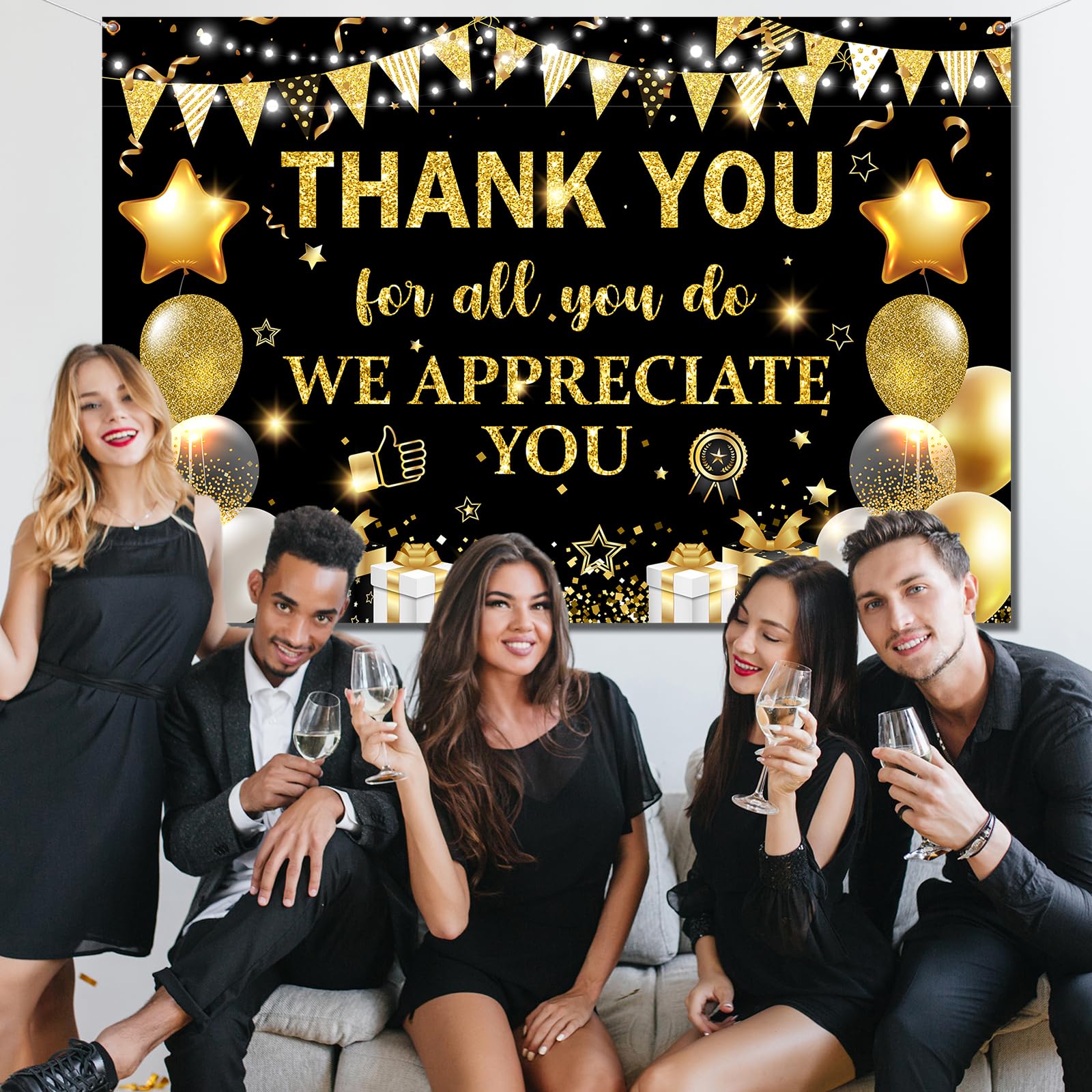 Thank You for All You Do Backdrop We Appreciate You Banner,Black Gold Appreciate Party Decoration Employee Staff Teachers Doctors Retirement Photo Backdrop for Thanks Party Supplies