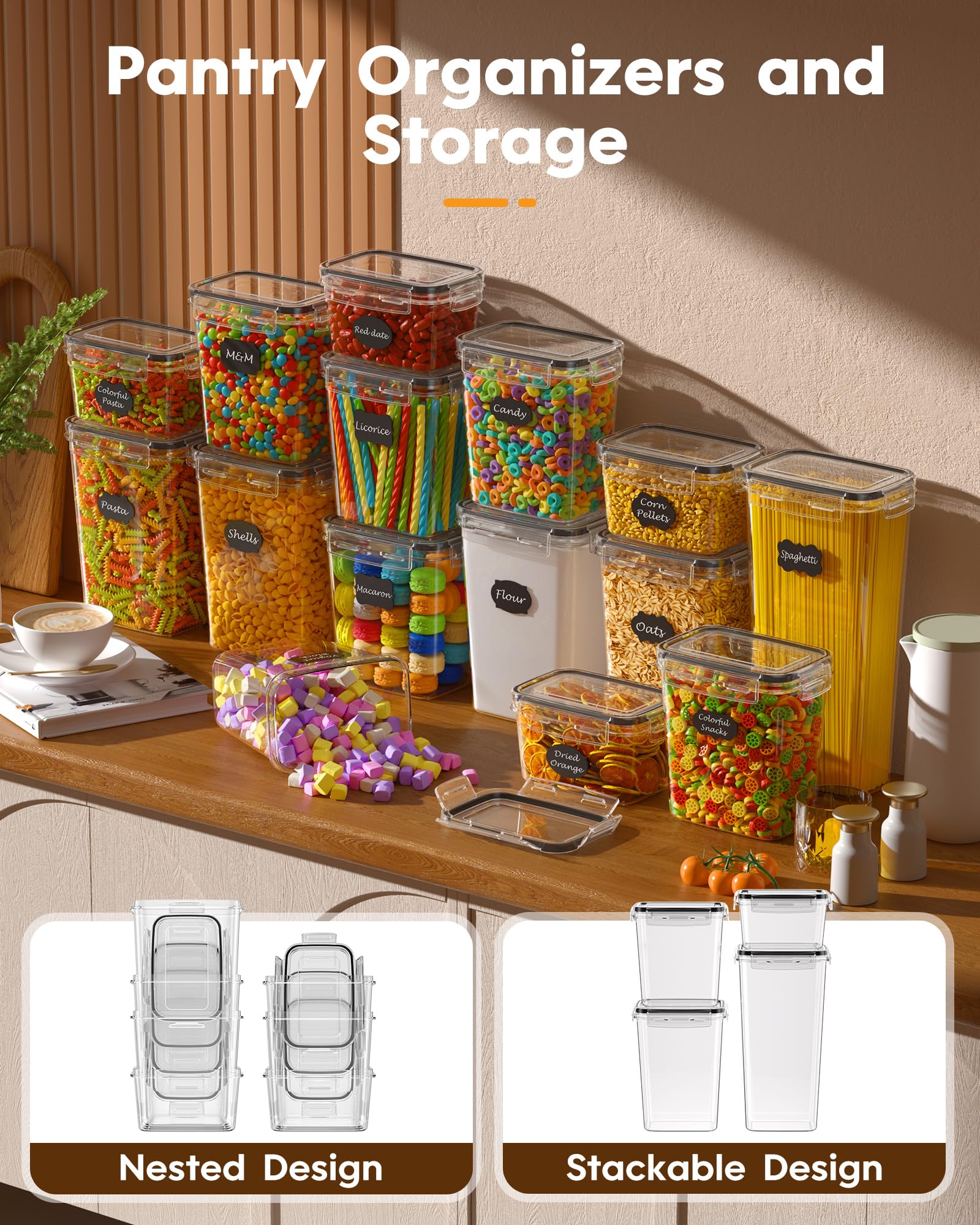 KEMETHY 15 Pack Airtight Food Storage Containers with Lids, Kitchen Pantry Organizers and Storage, BPA-Free Plastic Food Canisters for Cereal, Flour, Sugar, Pasta, Dry Food, Include Labels & Marker