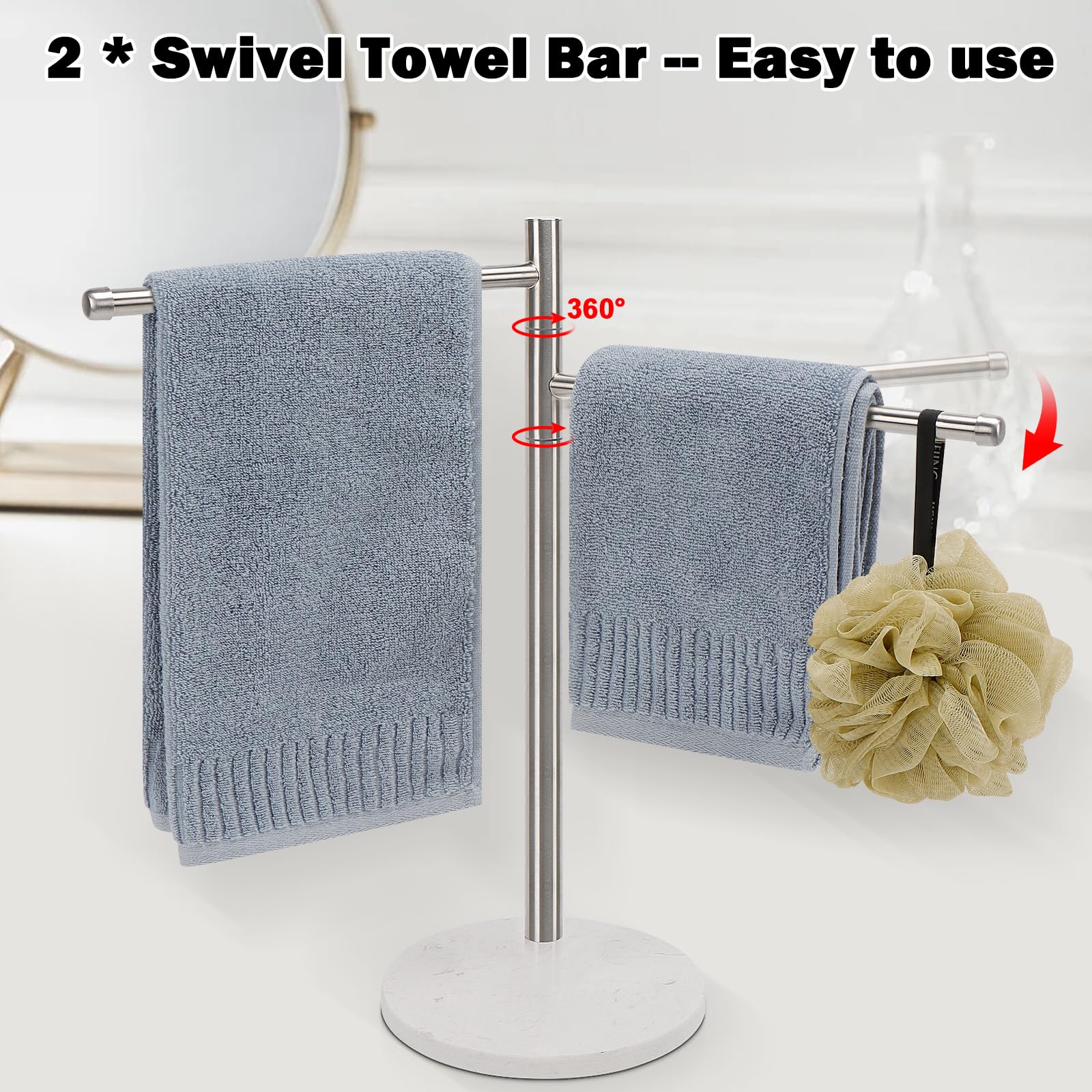 Winmien Standing Hand Towel Holder, Hand Towel Stand with Marble Base, 304 Stainless Steel Towel Rack with 2 Swivel Arm, Countertop Stand Towel Ring Towel Bar for Bathroom Countertop (Brushed Nickel)