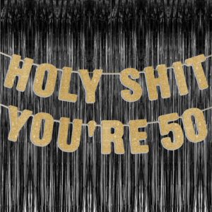 JunyRuny Gold Glitter 50th Birthday Banner, 50th Birthday Party Decorations for Men/Women, 50th Birthday Decorations for Him/Her, Happy 50th Birthday Sign, Funny 50th Birthday sign 50th Anniversary Decorations