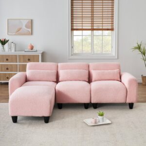 FREESNOOZE 84.6 inch Modern Teddy Sectional Sofa L-Shaped Couch with 3 Waist Pillows for Small Apartment, Bedroom, Spaces(Pink)