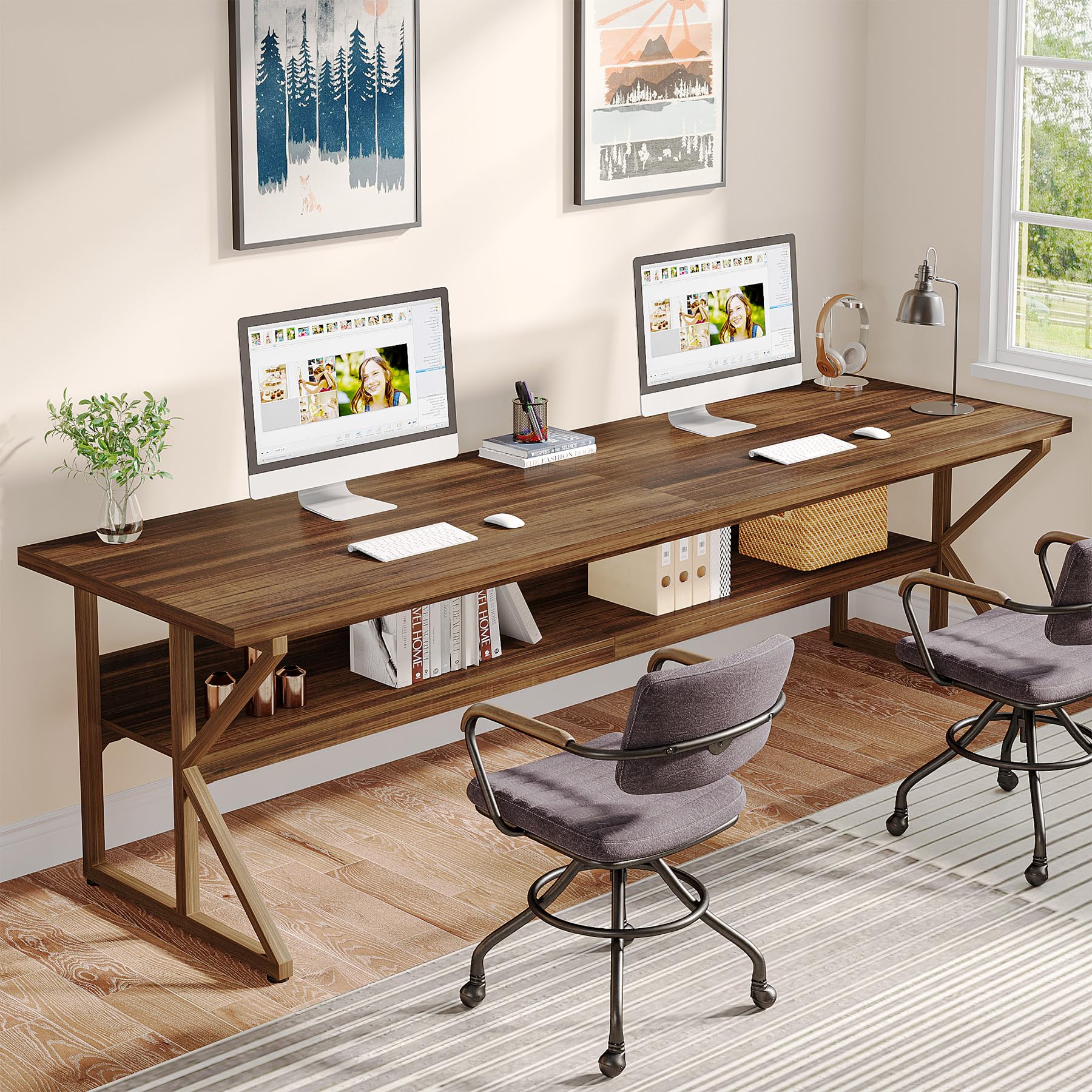 Tribesigns 79-Inch Extra Long Desk, 2 Person Desk with Storage Shelf, Large Computer Desk Double Desk Writing Table Desk for Home Office, Brown