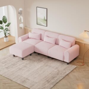 FREESNOOZE 84.6 inch Modern Teddy Sectional Sofa L-Shaped Couch with 3 Waist Pillows for Small Apartment, Bedroom, Spaces(Pink)