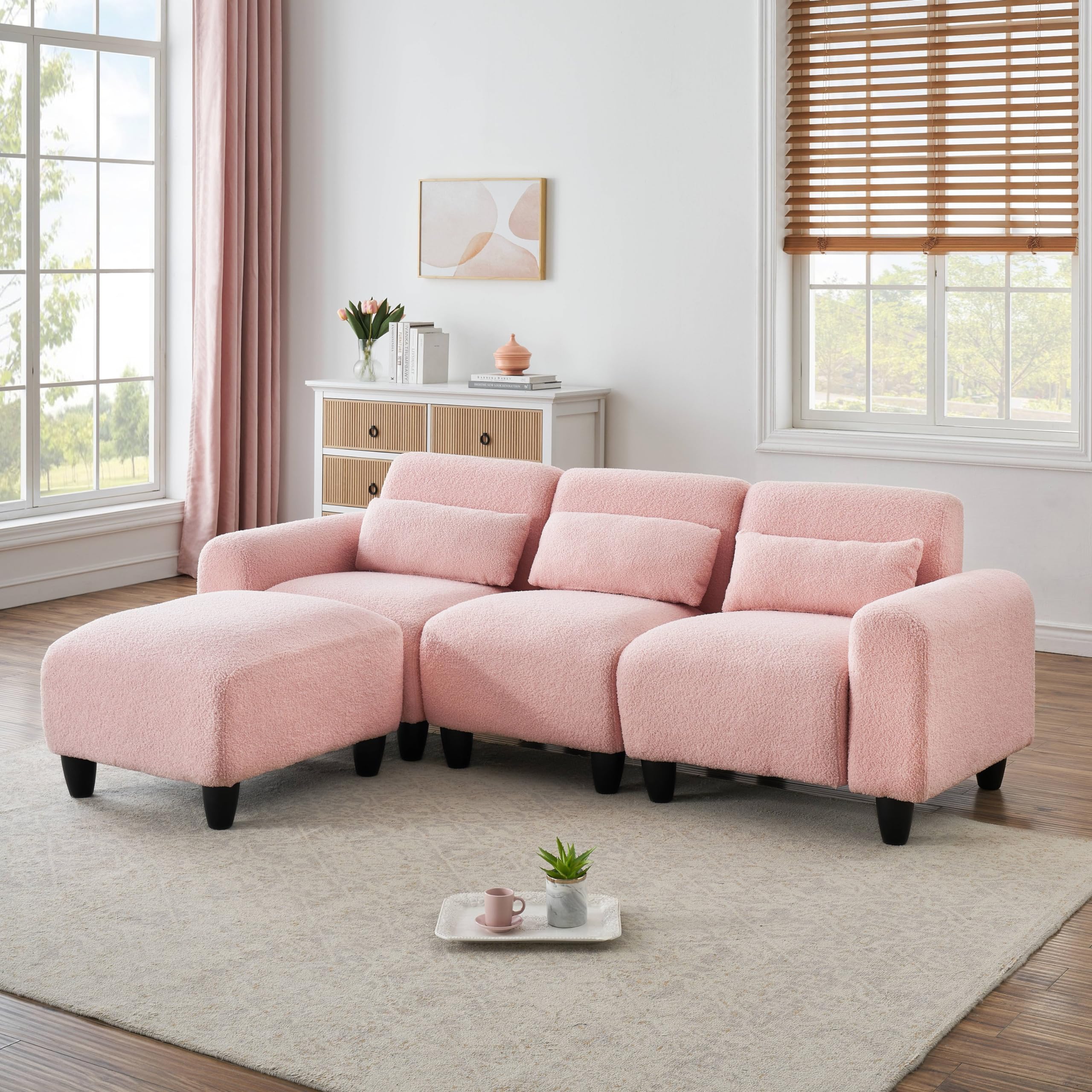 FREESNOOZE 84.6 inch Modern Teddy Sectional Sofa L-Shaped Couch with 3 Waist Pillows for Small Apartment, Bedroom, Spaces(Pink)