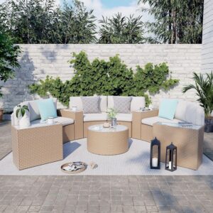 SUNSITT Outdoor Sectional Set 11-Piece Half Moon Patio Furniture Natural Color Wicker Sofa Creamy White Cushions with 4 Side Table and 4 Pillows