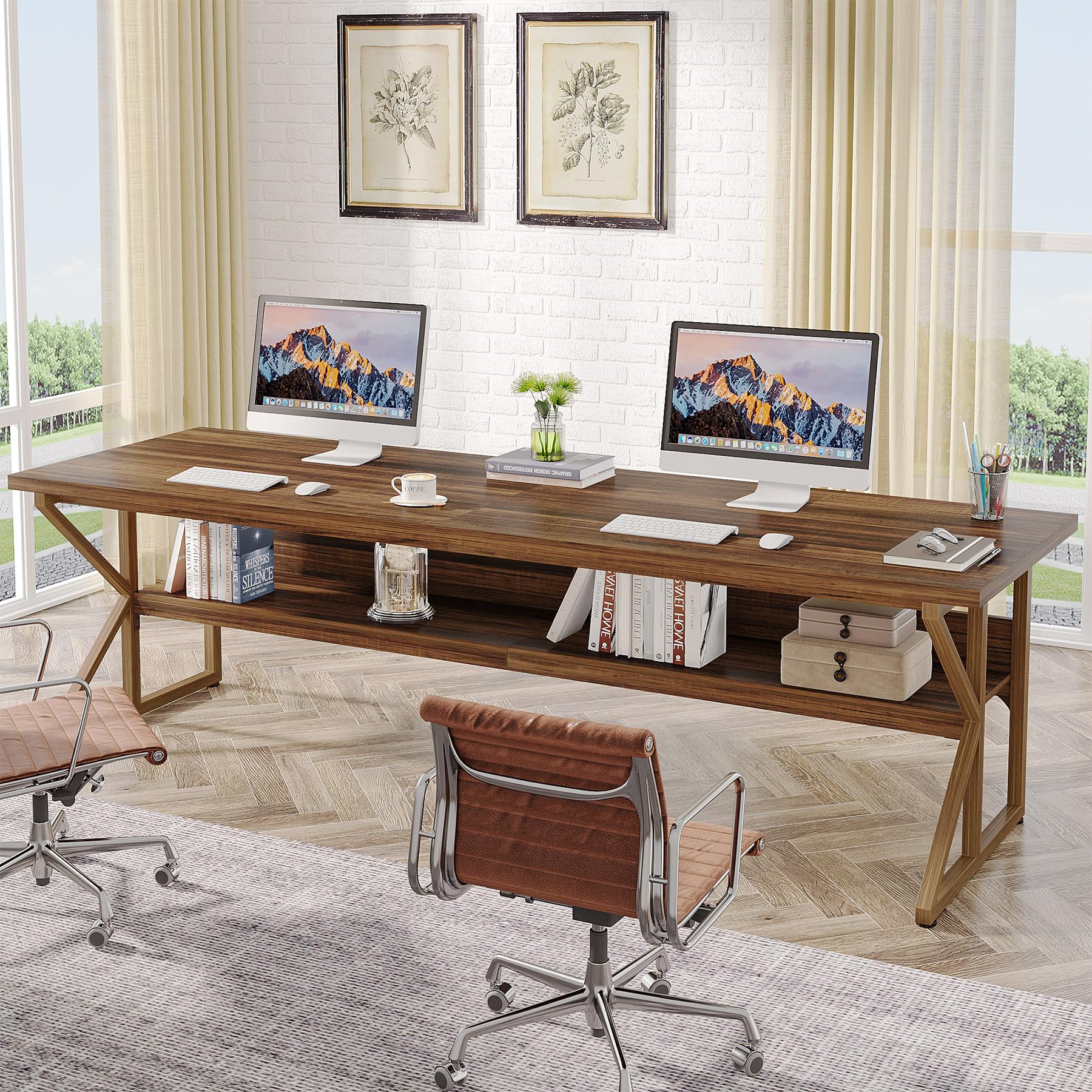 Tribesigns 79-Inch Extra Long Desk, 2 Person Desk with Storage Shelf, Large Computer Desk Double Desk Writing Table Desk for Home Office, Brown