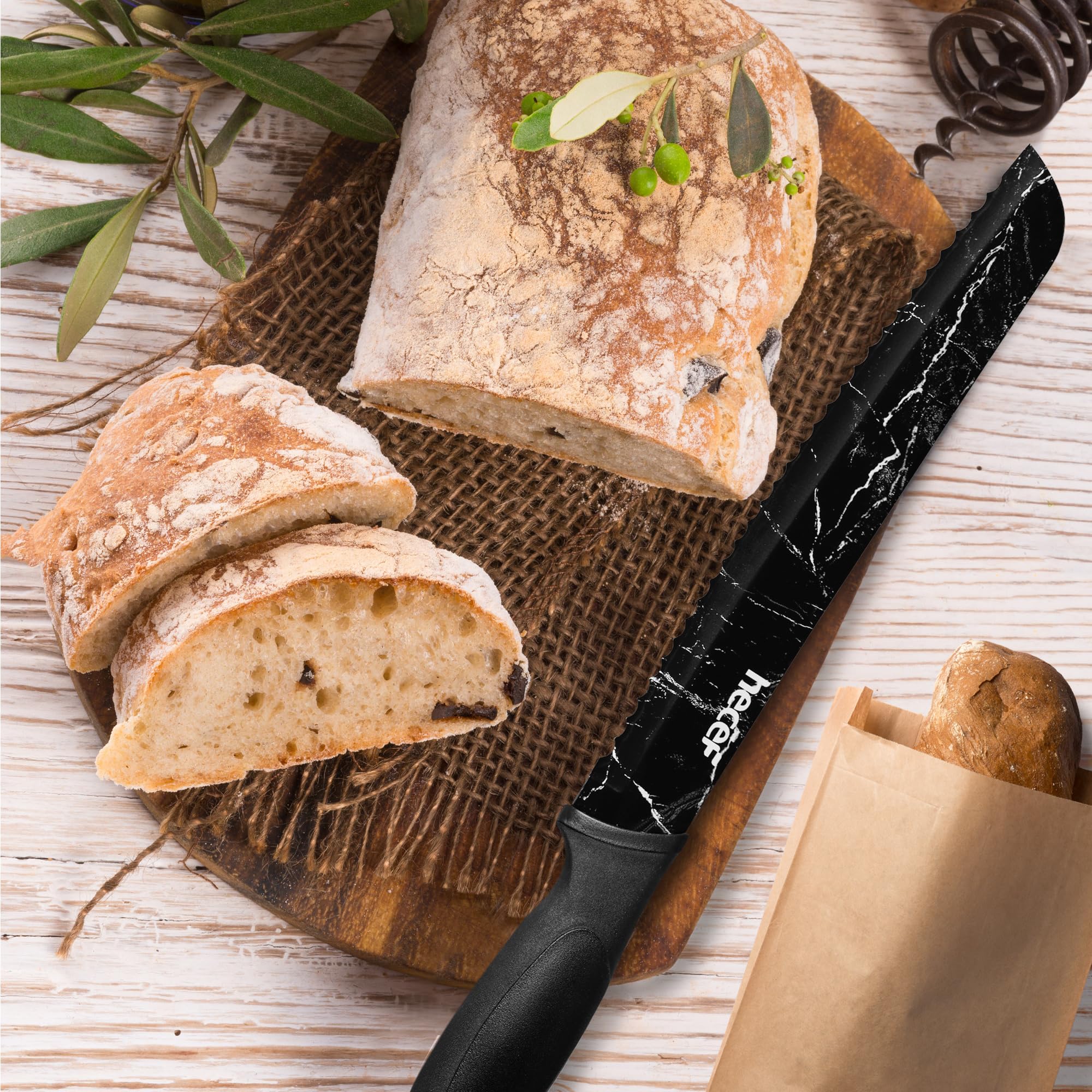 hecef Kitchen Knife Set of 5, Sharp Stainless Steel wtih Black Marble Pattern, Professional Cooking Knives Set Including Paring, Utility, Bread, Carving, Santoku & Chef Knife