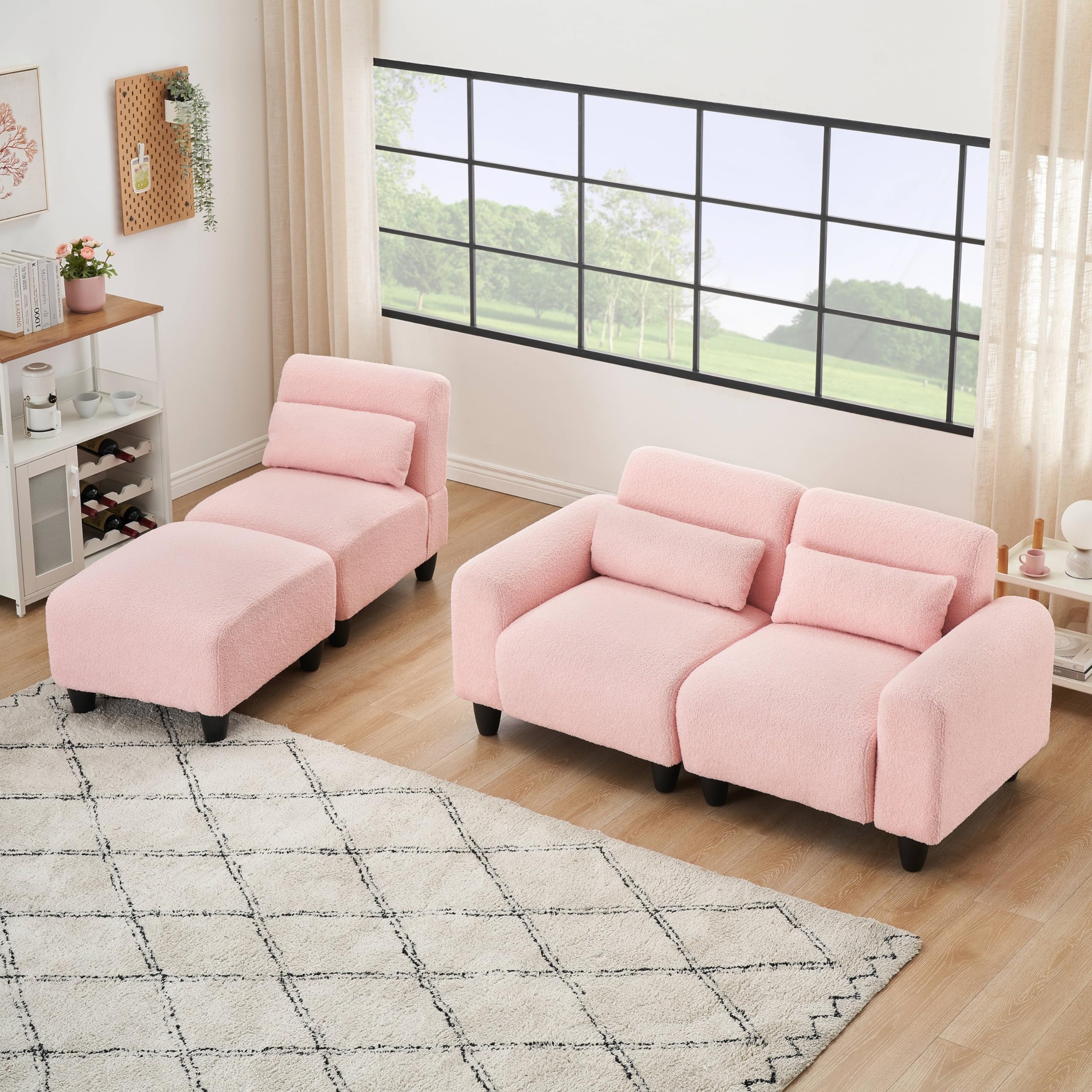 FREESNOOZE 84.6 inch Modern Teddy Sectional Sofa L-Shaped Couch with 3 Waist Pillows for Small Apartment, Bedroom, Spaces(Pink)