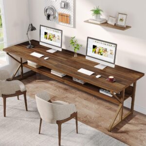 Tribesigns 79-Inch Extra Long Desk, 2 Person Desk with Storage Shelf, Large Computer Desk Double Desk Writing Table Desk for Home Office, Brown