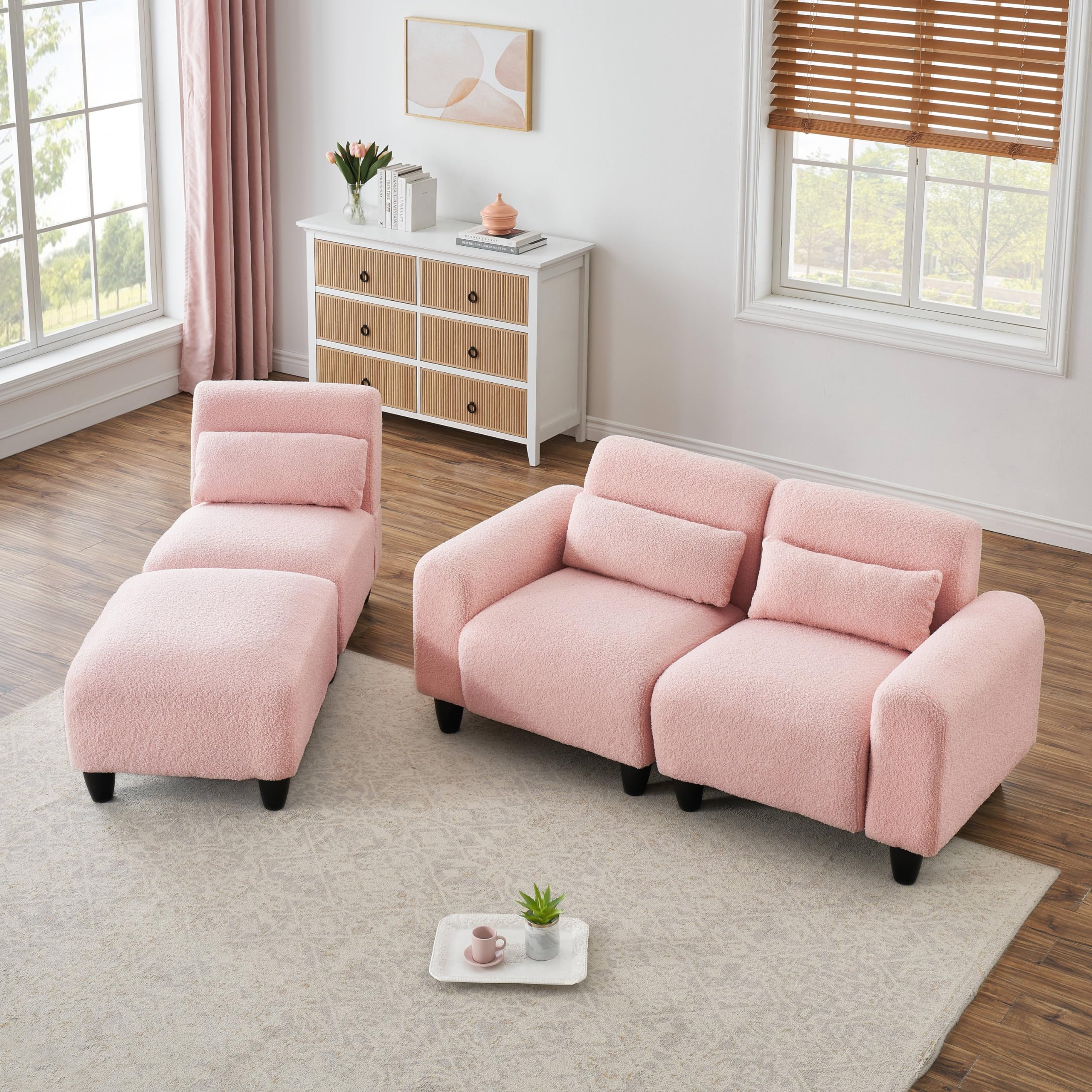 FREESNOOZE 84.6 inch Modern Teddy Sectional Sofa L-Shaped Couch with 3 Waist Pillows for Small Apartment, Bedroom, Spaces(Pink)